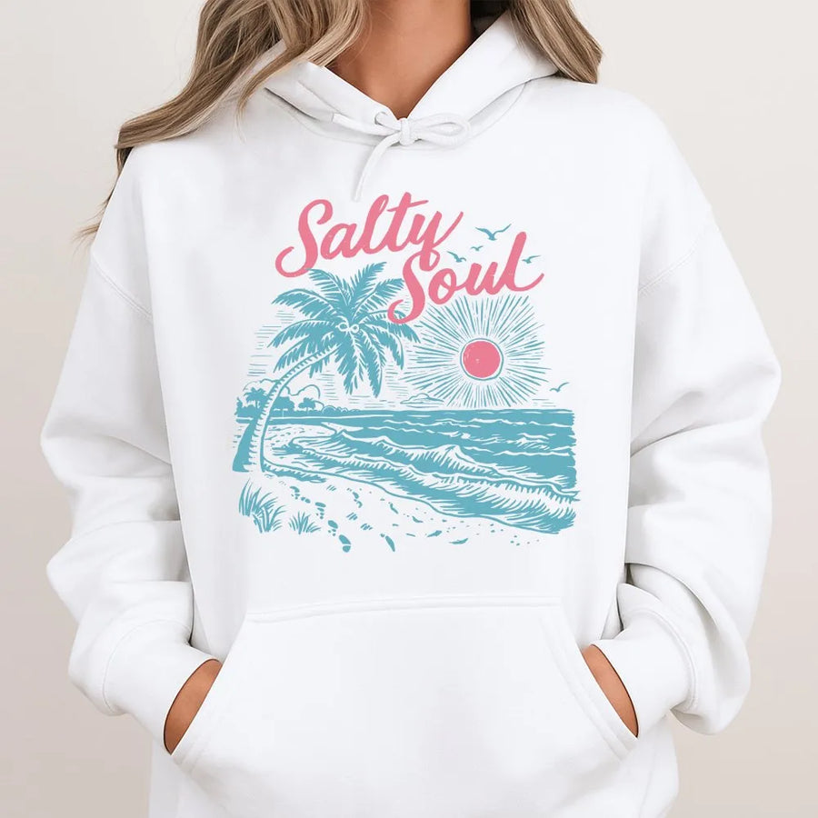 Salty Soul Hoodie | Retro Summer Beach Graphic | Premium Cotton Blend Pullover | Tropical Vacation Gift for Beach Lovers