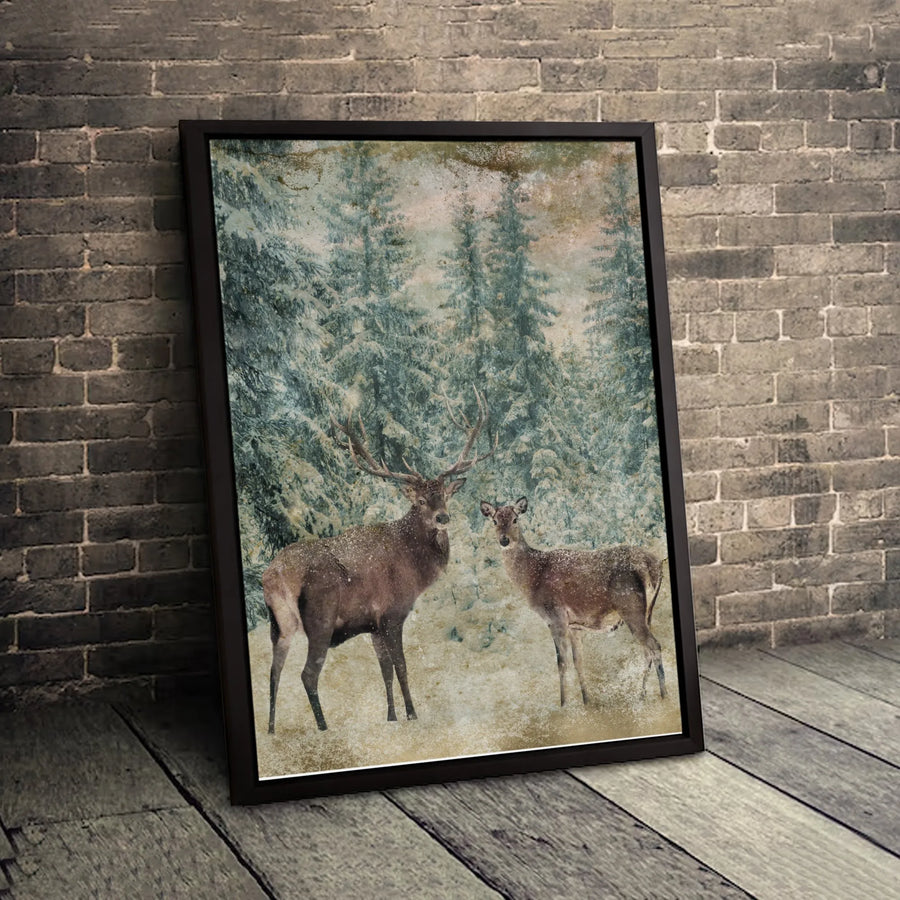 Winter Stag and Doe Canvas Wall Art | Snowy Forest Wildlife Print | Gallery-Quality 1.25-Inch Frame | Rustic Cabin Decor Gift