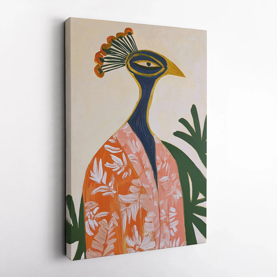 Abstract Peacock Canvas Wall Art | Whimsical Bird in Floral Jacket | Premium Gallery Wrap Print | Unique Maximalist Home Decor Gift