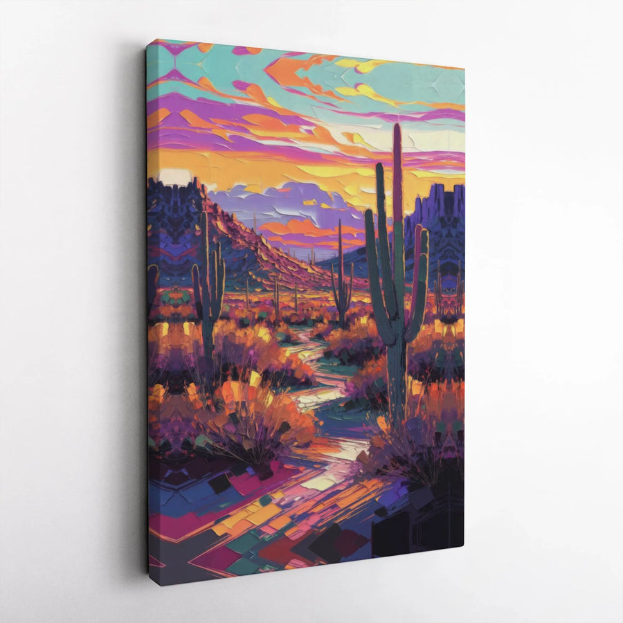 Desert Cactus Canvas Wall Art | Vibrant Southwestern Sunset Impressionist Painting | Premium Gallery Wrapped Decor | Modern Home Office Gift
