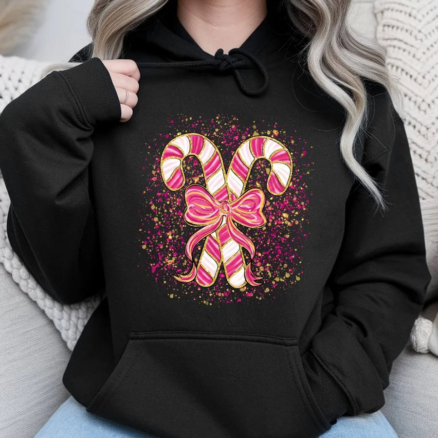 Pink Candy Cane Hoodie | Coquette Glitter Bow Christmas Design | Premium Cotton Blend | Aesthetic Holiday Gift for Women & Teens