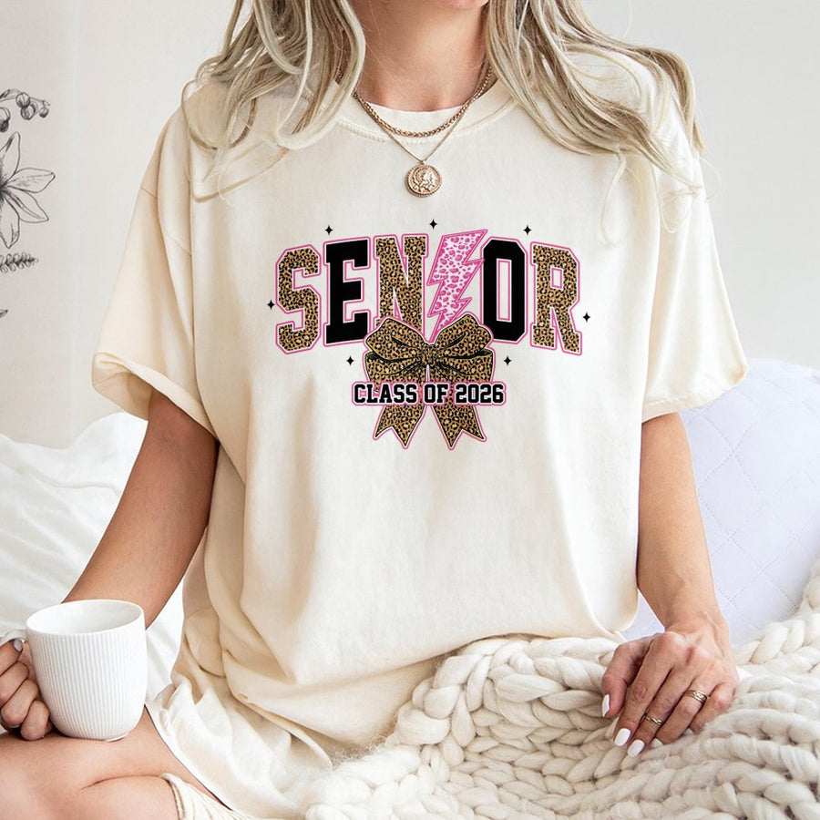 Senior Class of 2026 T-Shirt | Leopard Print Bow & Lightning Bolt Design | 100% Premium Cotton | Graduation Gift for High School or College Seniors