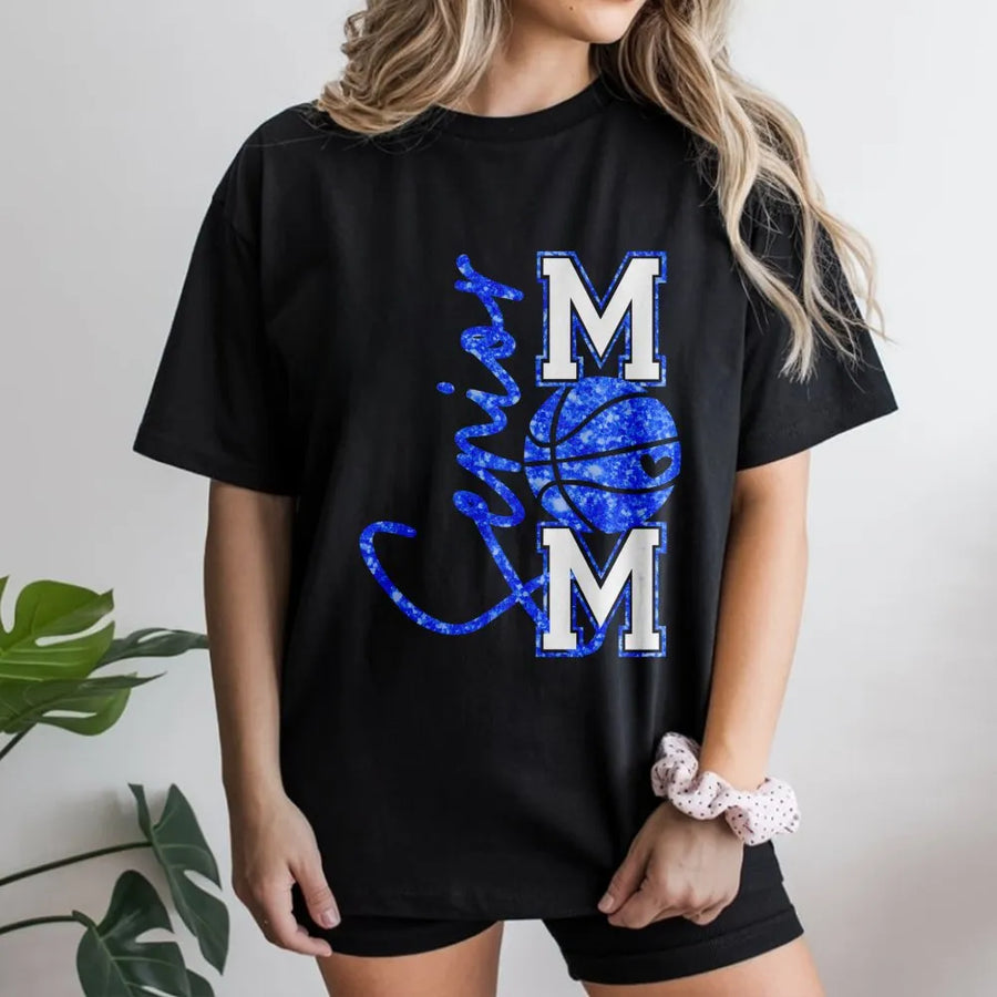 Senior Basketball Mom T-Shirt | Blue Glitter Basketball Design | Premium 100% Cotton Tee | Gift for Basketball Mom Game Day Outfit