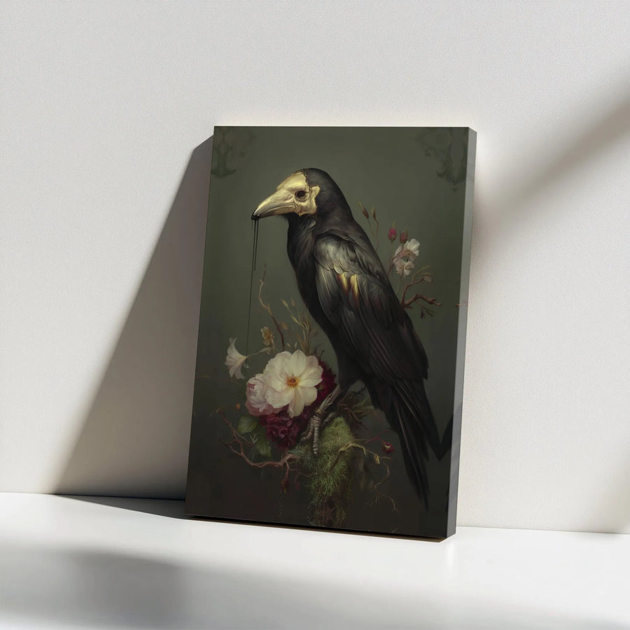 Gothic Raven Canvas Wall Art | Dark Academia Gold Skull Crow & Floral Print | Premium Gallery Wrapped Canvas | Moody Goth Home Decor Collector's Gift