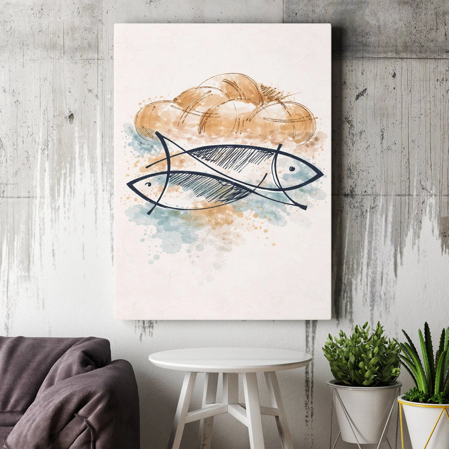 Loaves and Fishes Canvas Wall Art | Minimalist Watercolor Christian Art Print | Premium Thick Gallery Wrap Canvas | Faith Based Home Decor Gift