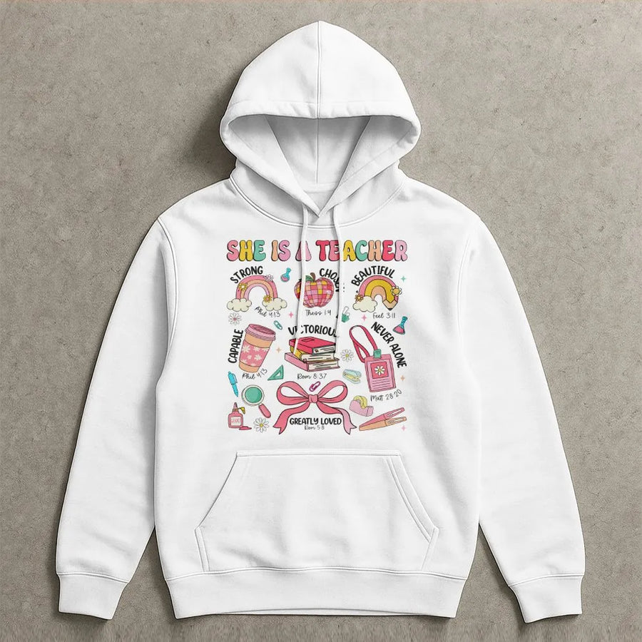 Christian Teacher Hoodie | She Is A Teacher Retro Graphic | Soft Cotton Blend Pullover | Inspirational Gift for Educator, Back to School Apparel