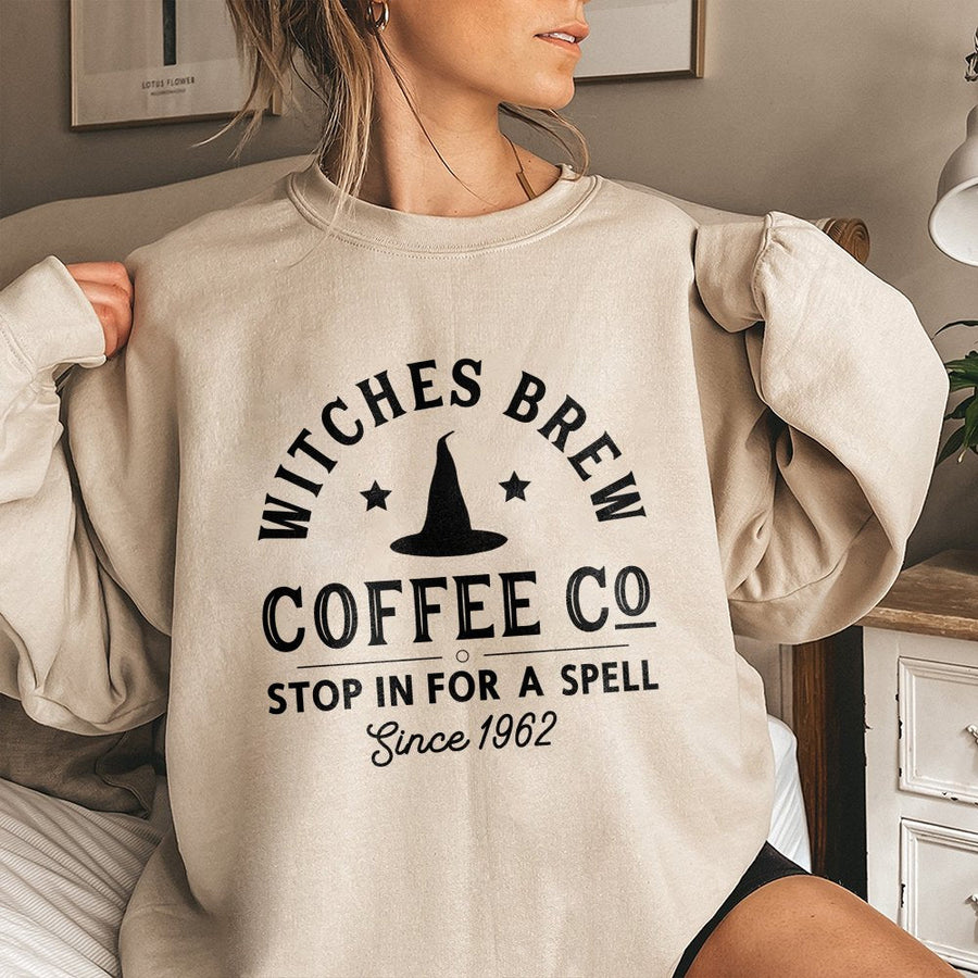 Witches Brew Coffee Co Sweatshirt | Funny Witch Hat Graphic Print | Soft Cotton-Poly Blend | Halloween Gift For Coffee Lovers
