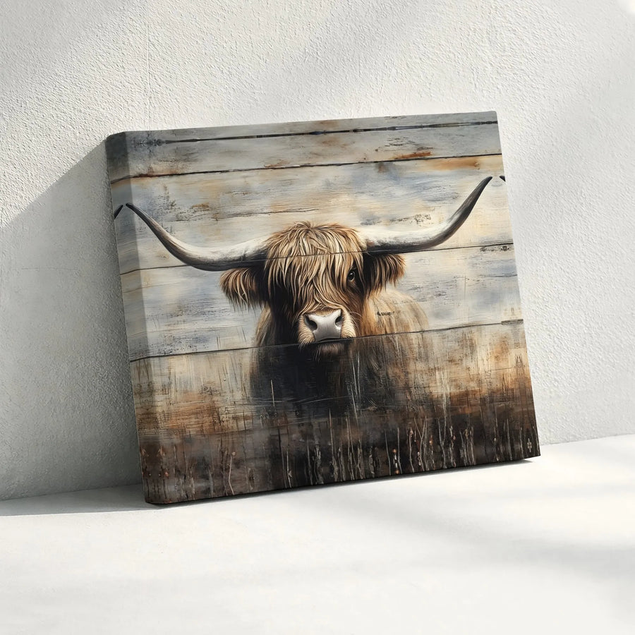 Highland Cow Canvas Wall Art | Rustic Shaggy Cow Painting on Wood Panel | Premium Gallery Wrapped Print | Farmhouse Living Room Decor & Housewarming Gift