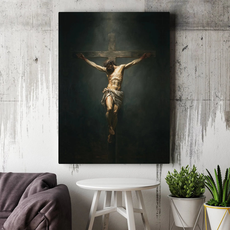 Jesus on the Cross Canvas Wall Art | Dramatic Religious Painting | Premium Gallery Quality Print | Christian Home Decor Gift for Believers