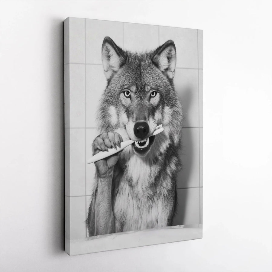 Wolf Brushing Teeth Canvas Print | Funny Bathroom Animal Wall Art | 1.25-Inch Gallery Wrap | Quirky Gift for Animal Lovers