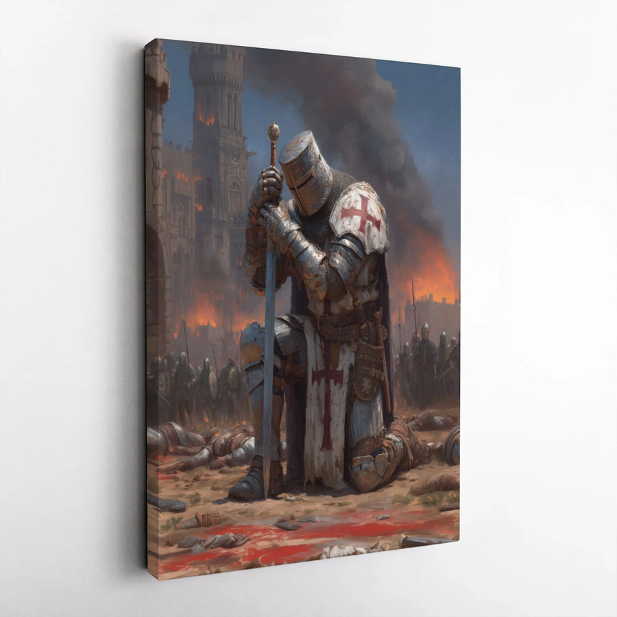 Knights Templar Wall Art | Kneeling Crusader Medieval Battle Scene | Premium Gallery Wrapped Canvas | Historical Art Gift for Men