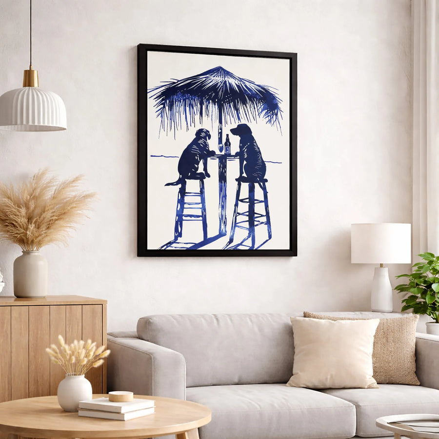 Dogs At The Beach Bar Wall Art | Blue And White Tropical Illustration | Premium 1.25" Gallery Canvas | Coastal Decor For Dog Lovers