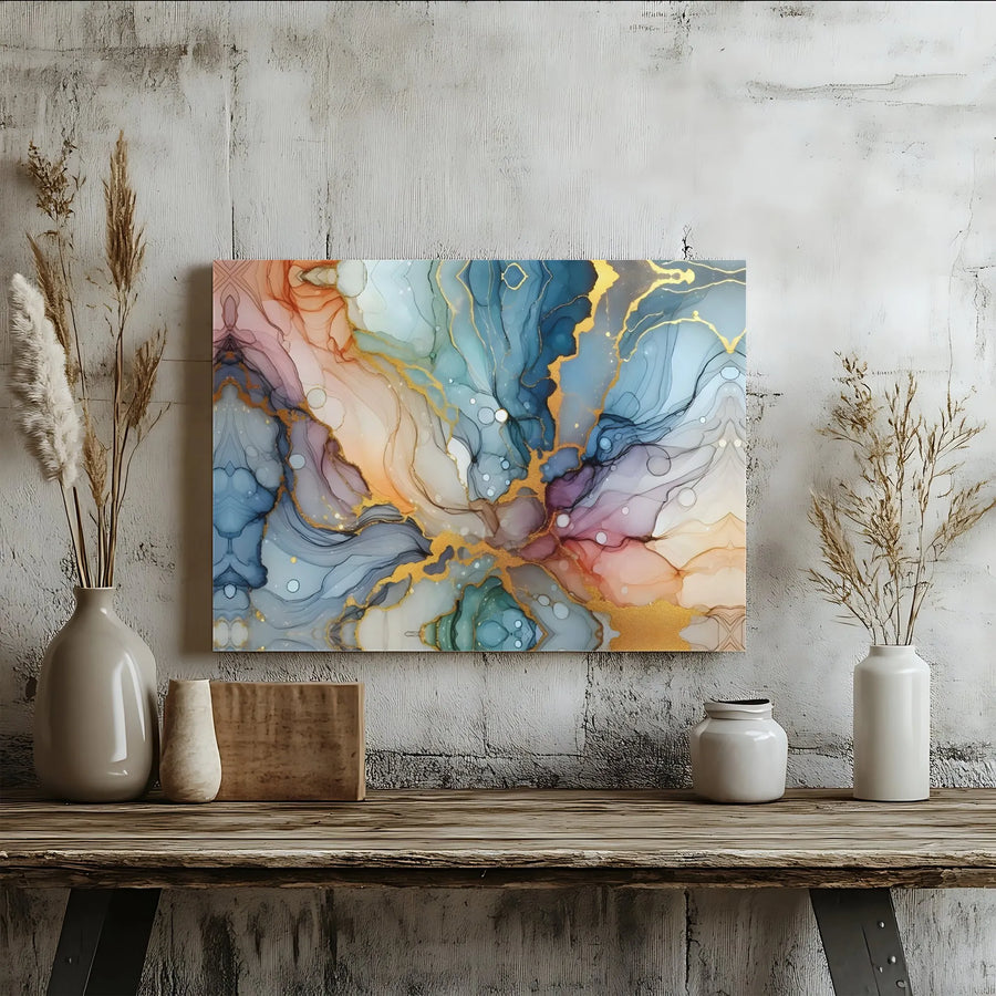 Abstract Alcohol Ink Canvas Wall Art | Gold Veins Marble Texture Print | Premium 1.25” Gallery Wrap | Modern Home Office Decor Gift