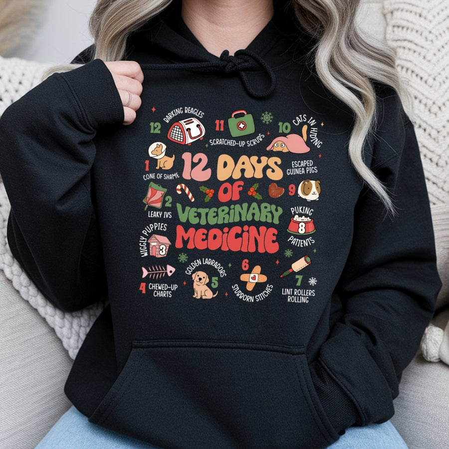 12 Days Of Veterinary Medicine Hoodie | Funny Vet Tech Christmas Graphic | Premium Cotton Blend | Gift For Veterinarian And Veterinary Staff