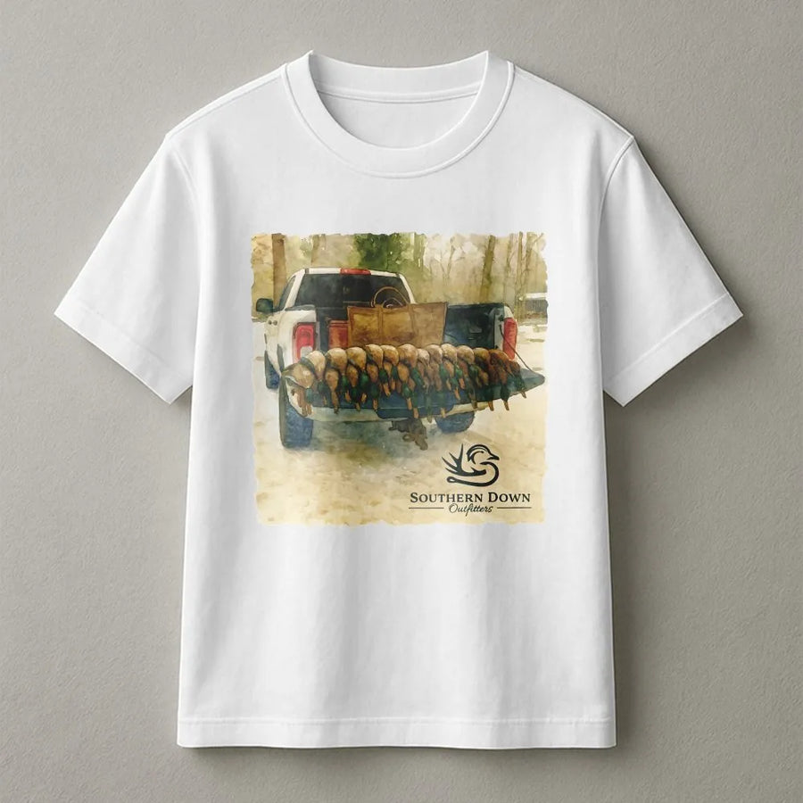 Duck Hunting T-Shirt | Watercolor Pickup Truck Art | Premium 100% Cotton | Outdoor Sports Gift for Hunters