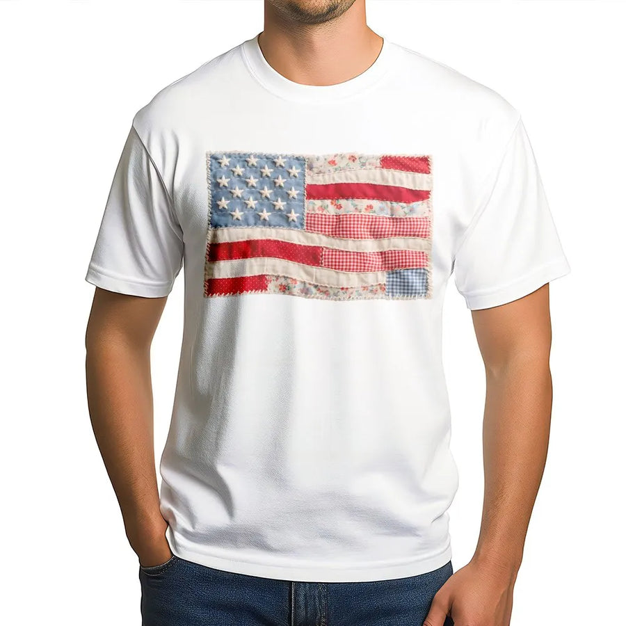 American Flag T-Shirt | Retro Faux Patchwork USA Graphic | 100% Cotton Premium Tee | Patriotic 4th of July Gift for Men and Women