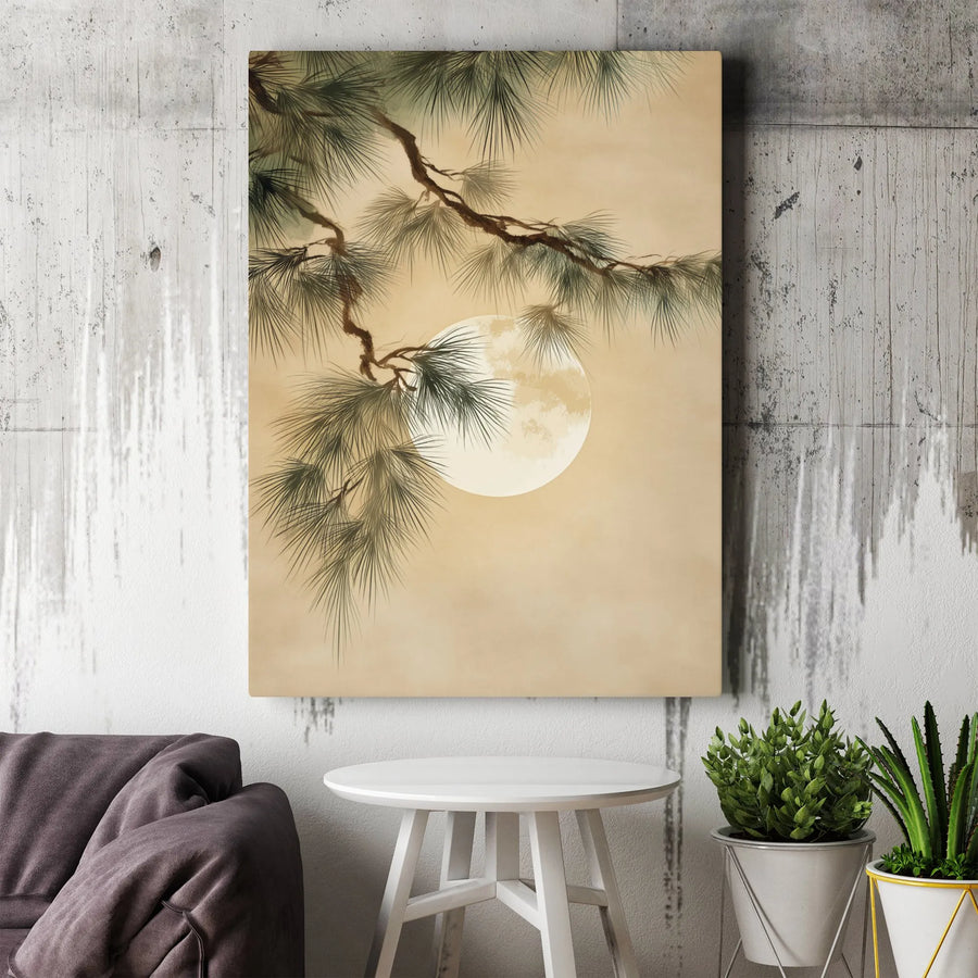 Japanese Pine Tree Wall Art | Minimalist Full Moon Canvas Print | Gallery Quality Fade-Resistant | Zen Home Decor for Living Room