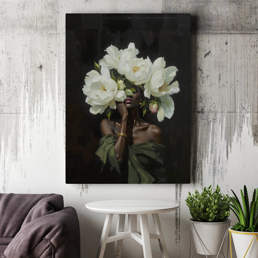 Black Woman Canvas Wall Art | White Peony Floral Portrait | Premium Gallery Wrapped Print | Modern African American Home Decor Gift