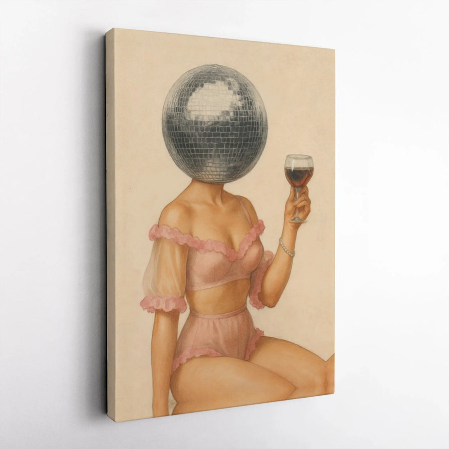 Surreal Disco Ball Head Woman Wall Art | Retro Glamour Aesthetic Print | Gallery Quality 1.25" Thick Canvas | Unique Trendy Gift for Home Decor