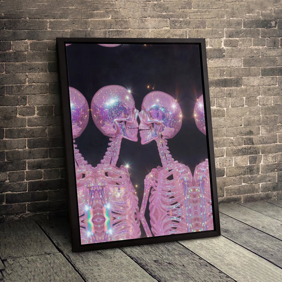 Kissing Skeletons Canvas Wall Art | Sparkly Pink Aesthetic Gothic Decor | Gallery-Quality 1.25 Inch Profile | Unique Romantic Gift for Couples