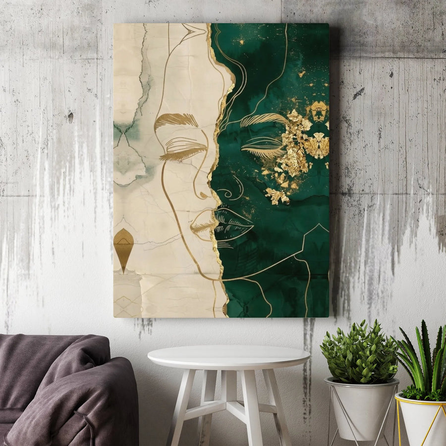 Abstract Woman Portrait Vertical Canvas | Emerald Green & Gold Foil Style | Premium 1.25" Gallery Wrap | Elegant Living Room Decor & Housewarming Gift