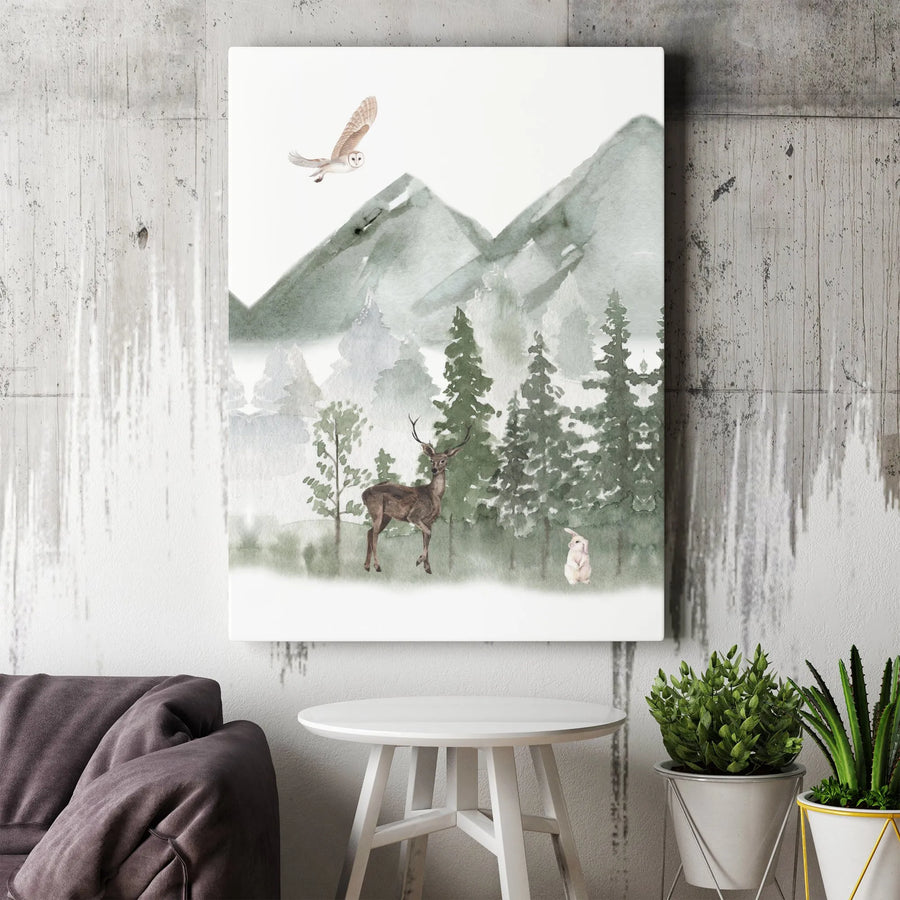 Misty Forest Wall Art | Watercolor Woodland Animal Canvas Print | Premium Gallery Wrapped Decor | Nature Gift for Nursery or Living Room