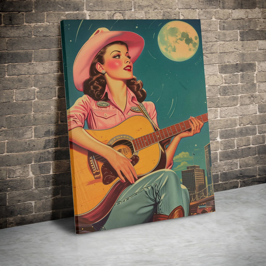 Cowgirl Guitarist Wall Art | Retro Pink Hat Country Music Portrait | Premium Gallery-Wrapped Canvas | Western Boho Home Decor Gift