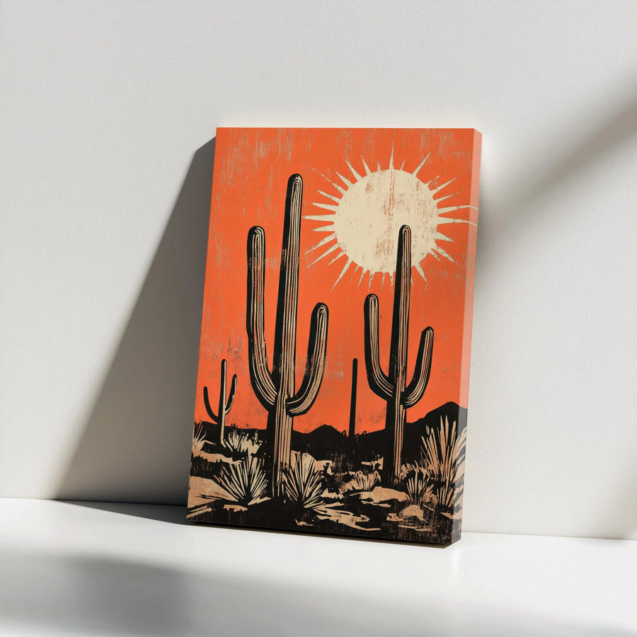 Desert Saguaro Cactus Wall Art | Vintage Orange Sunburst Landscape | Premium Gallery Wrap Canvas | Southwest Home Office Decor Gift