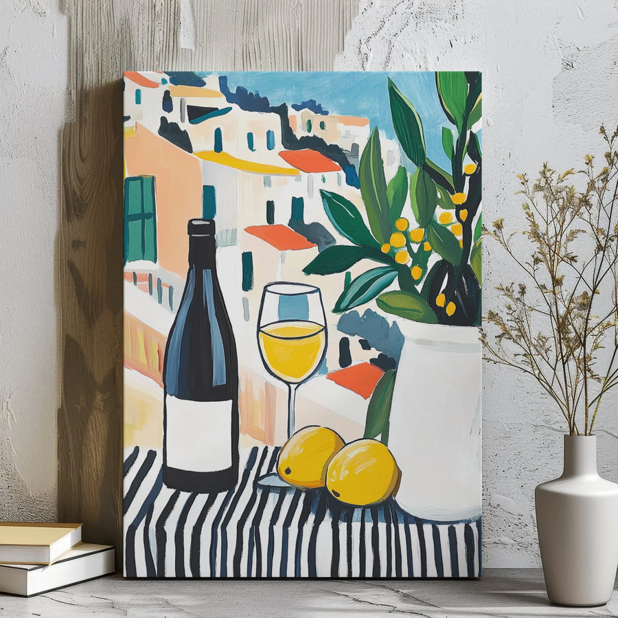 Mediterranean Still Life Canvas Art | Amalfi Coast Wine and Lemon Print | Gallery Wrap Premium Wall Decor | Kitchen and Dining Room Gift