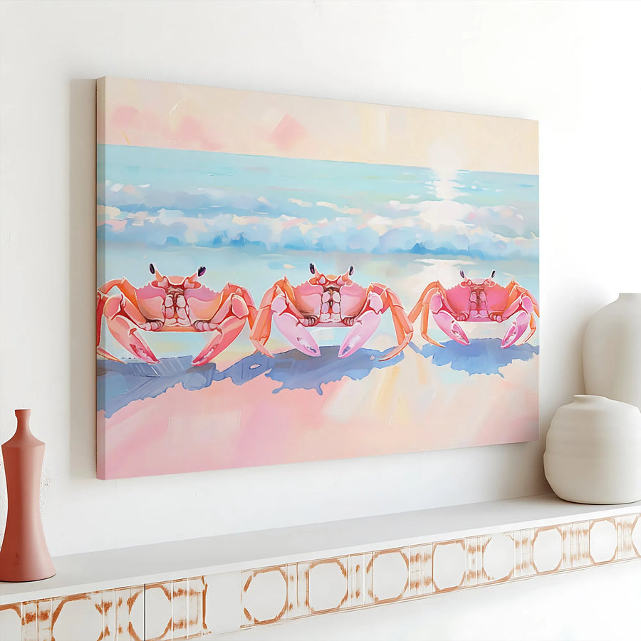 Coastal Crab Canvas Art | Modern Pastel Seascape with Three Crabs | Premium Fade-Resistant Print | Beach House Home Decor Gift