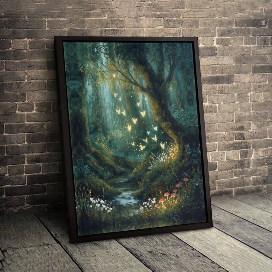 Enchanted Forest Canvas Art | Whimsical Glowing Butterflies Wall Decor | Premium Fade-Resistant Print | Magical Nature Home Gift