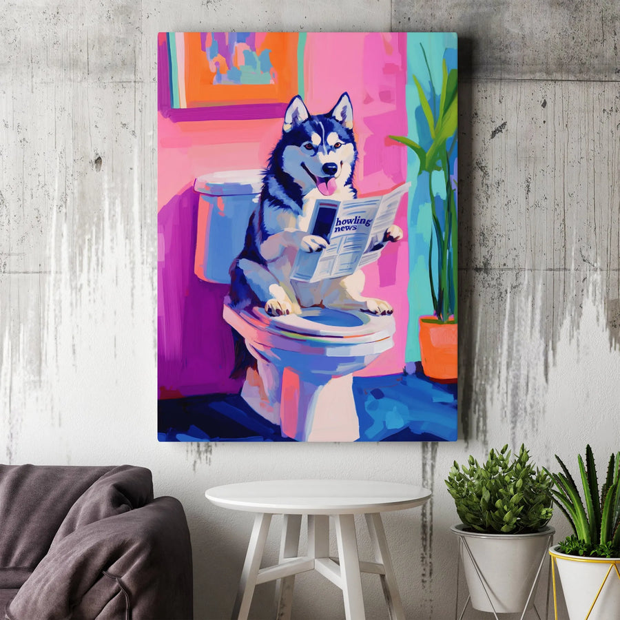 Siberian Husky Toilet Canvas Print | Funny Dog Reading Newspaper Wall Art | Pop Art Animal Decor | Bathroom Humor Gift for Dog Lovers