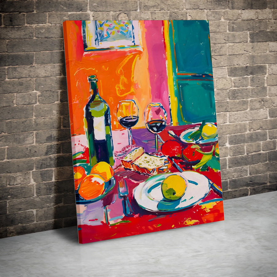 Colorful Still Life Dining Canvas | Abstract Wine and Fruit Painting | Premium Gallery Wrap Wall Art | Kitchen and Dining Room Decor