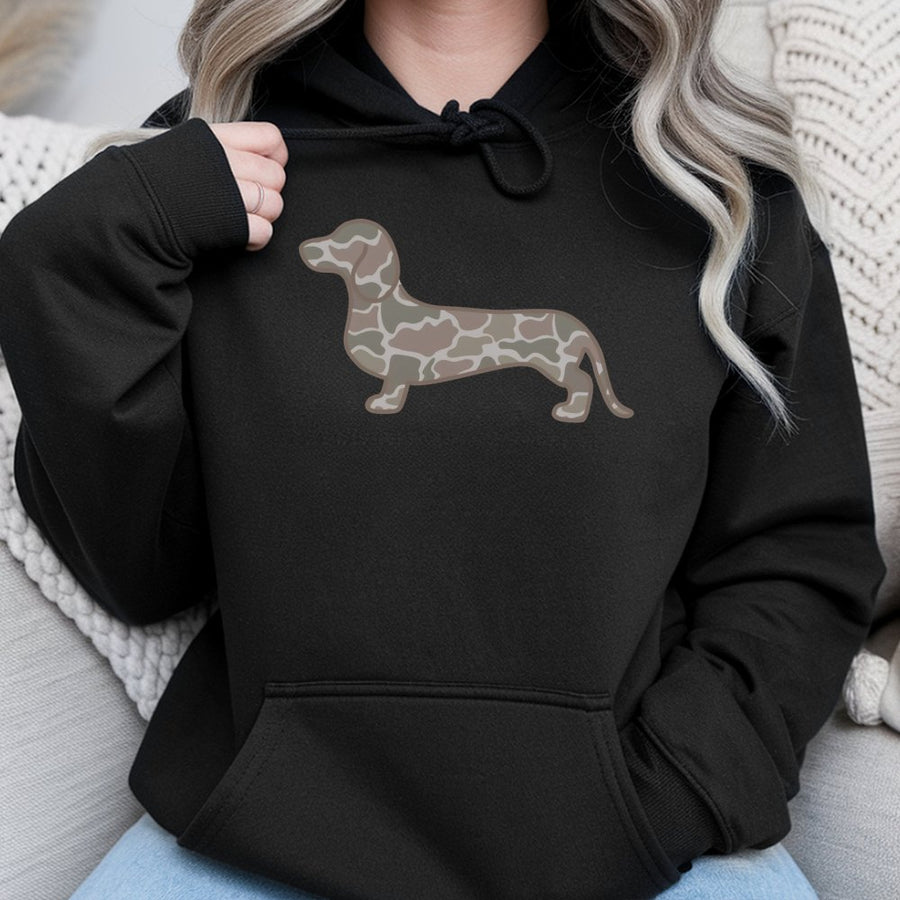 Dachshund Hoodie | Camo Wiener Dog Graphic Print | Premium Cotton Blend | Gift for Doxie Mom and Dad