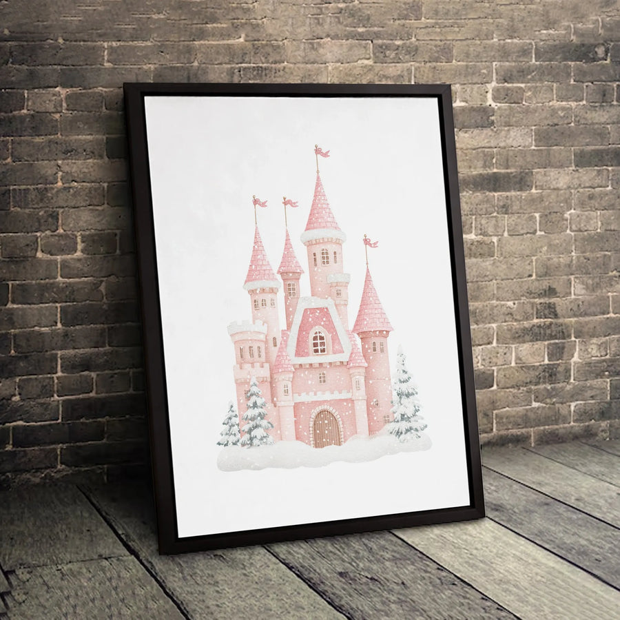 Pink Princess Castle Canvas Wall Art | Watercolor Winter Fairy Tale Decor | Premium Gallery Wrap Print | Magical Nursery & Kids Room Gift