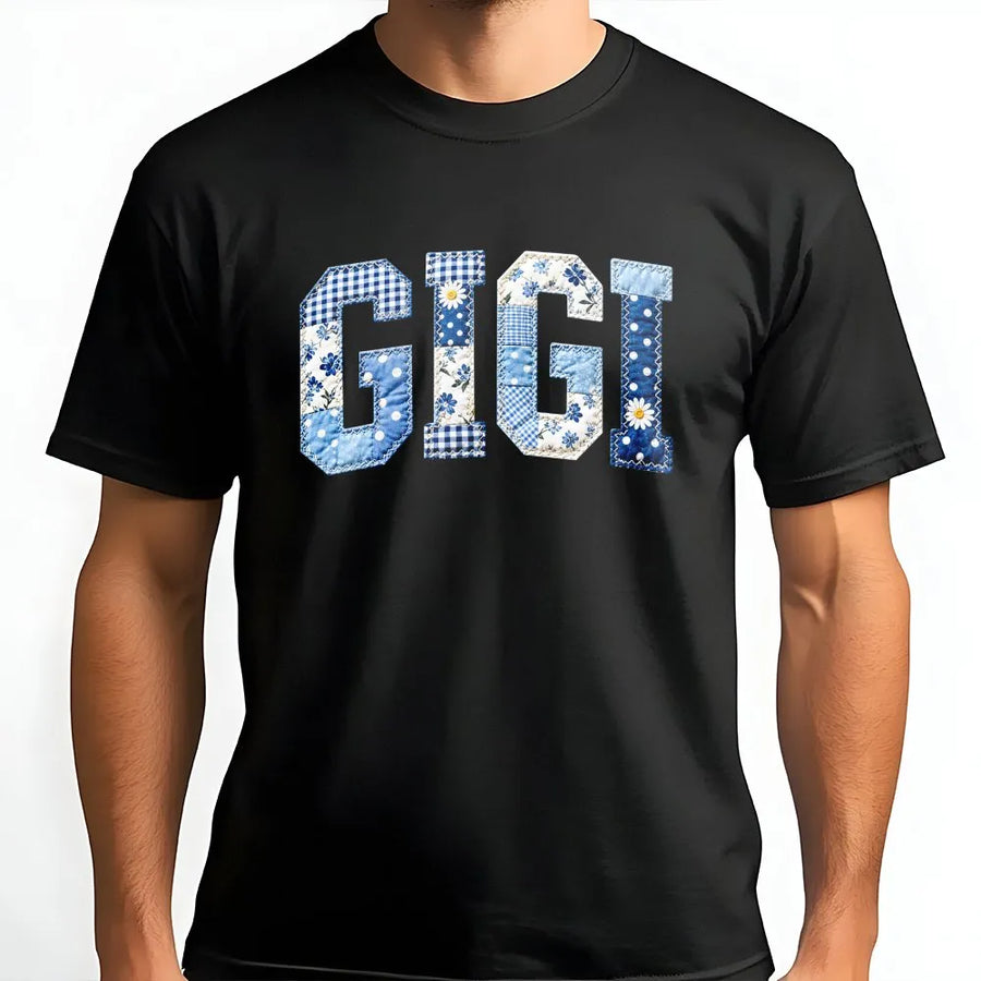 Gigi T-Shirt | Blue Patchwork Faux Appliqué Letters | Soft Cotton Tee | Mothers Day Gift for New Grandma
