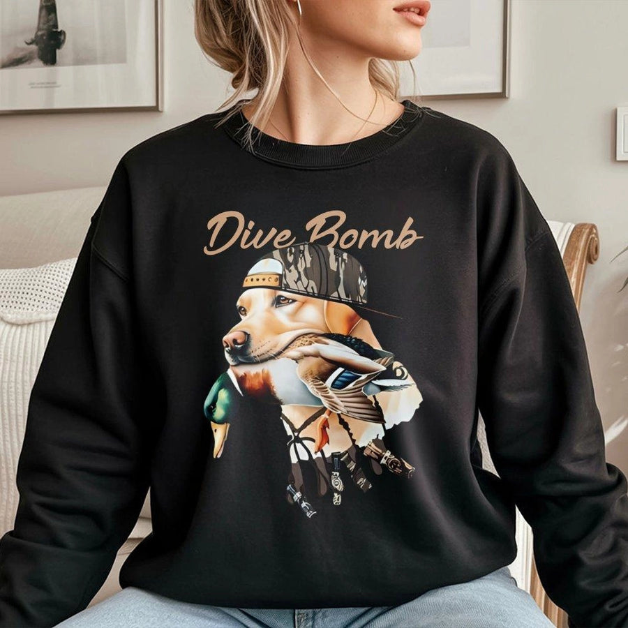 Labrador Duck Hunting Sweatshirt | Waterfowl Dog With Camo Hat Graphic | Premium Cotton Blend Crewneck | Outdoorsman Wildlife Gift For Hunters