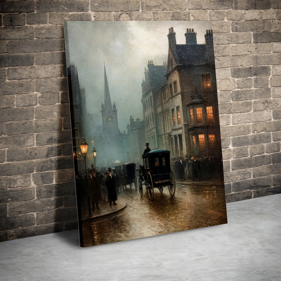 Victorian London Canvas Wall Art | Rainy City Scene with Horse and Carriage | Premium Gallery Wrap Canvas | Classic Home & Office Decor Gift