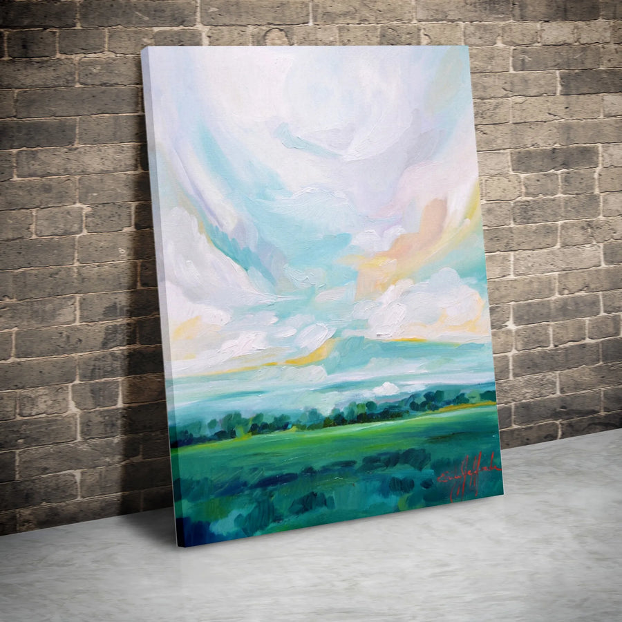 Abstract Landscape Vertical Canvas | Impressionist Green Meadow Painting | Premium Gallery Wrapped Canvas | Modern Farmhouse Wall Decor Gift