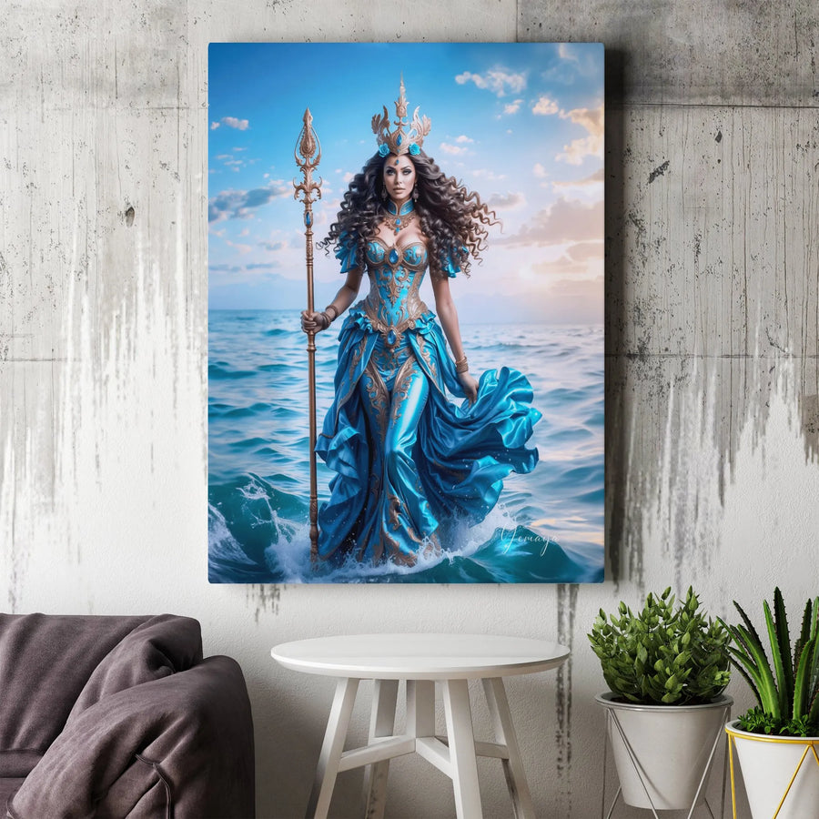 Yemaya Goddess Canvas Wall Art | Ocean Queen with Trident Fantasy Print | Premium Fade-Resistant Gallery Wrap | Spiritual Home Decor Gift