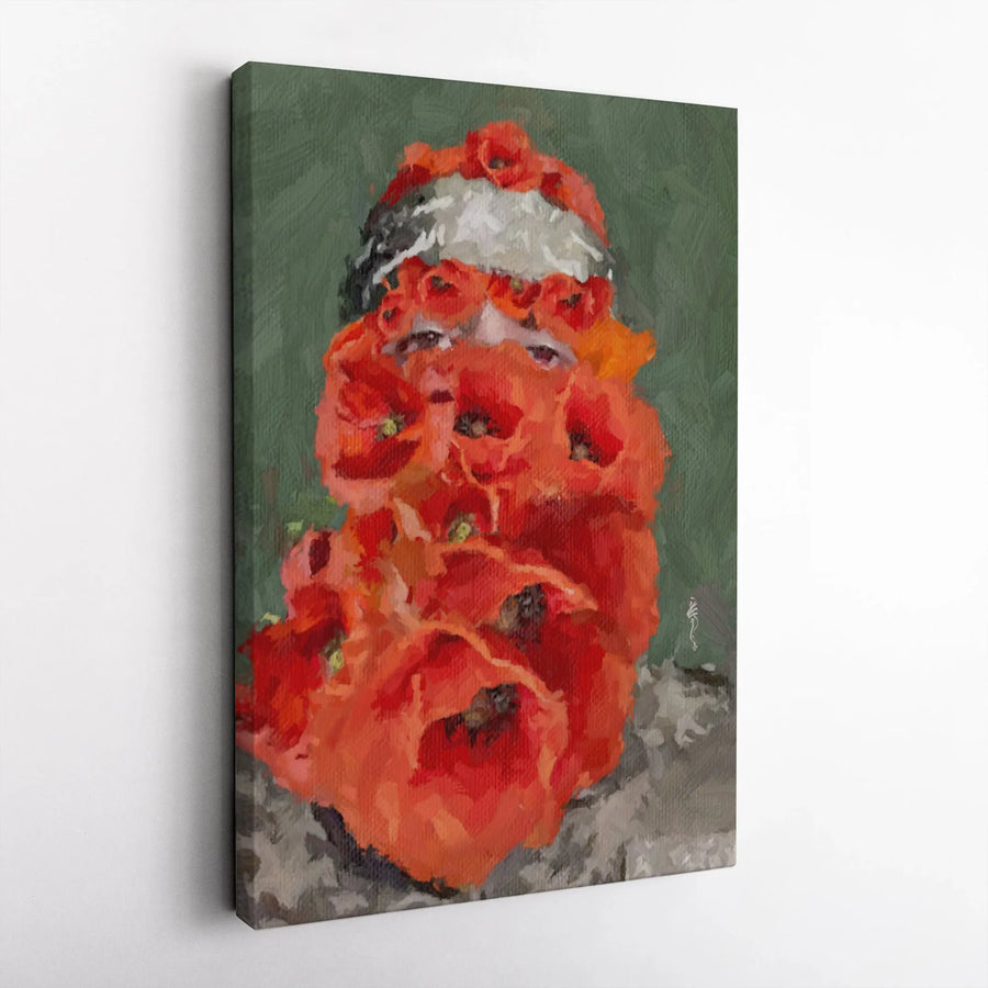 Surrealist Red Poppy Flower Portrait Canvas | Abstract Bearded Man Oil Painting Style | Premium 1.25" Gallery Wrap | Unique Modern Wall Art for Home Decor