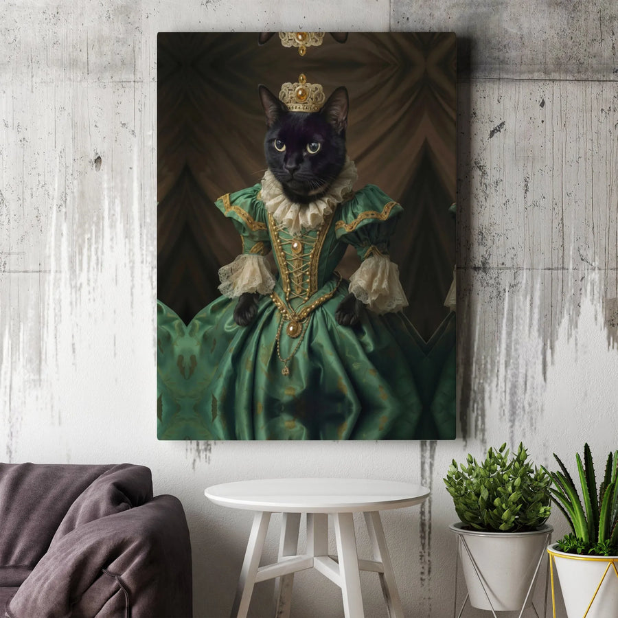 Black Cat Queen Canvas Wall Art | Royal Victorian Green Gown Portrait | Premium Gallery Wrapped Decor | Unique Gift For Cat Lovers