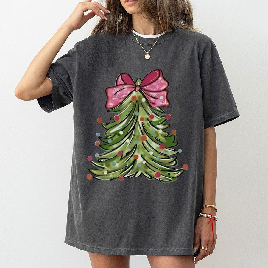 Christmas Tree T-Shirt | Pink Bow Holiday Graphic | 100% Cotton Premium Tee | Festive Seasonal Gift For Women And Men