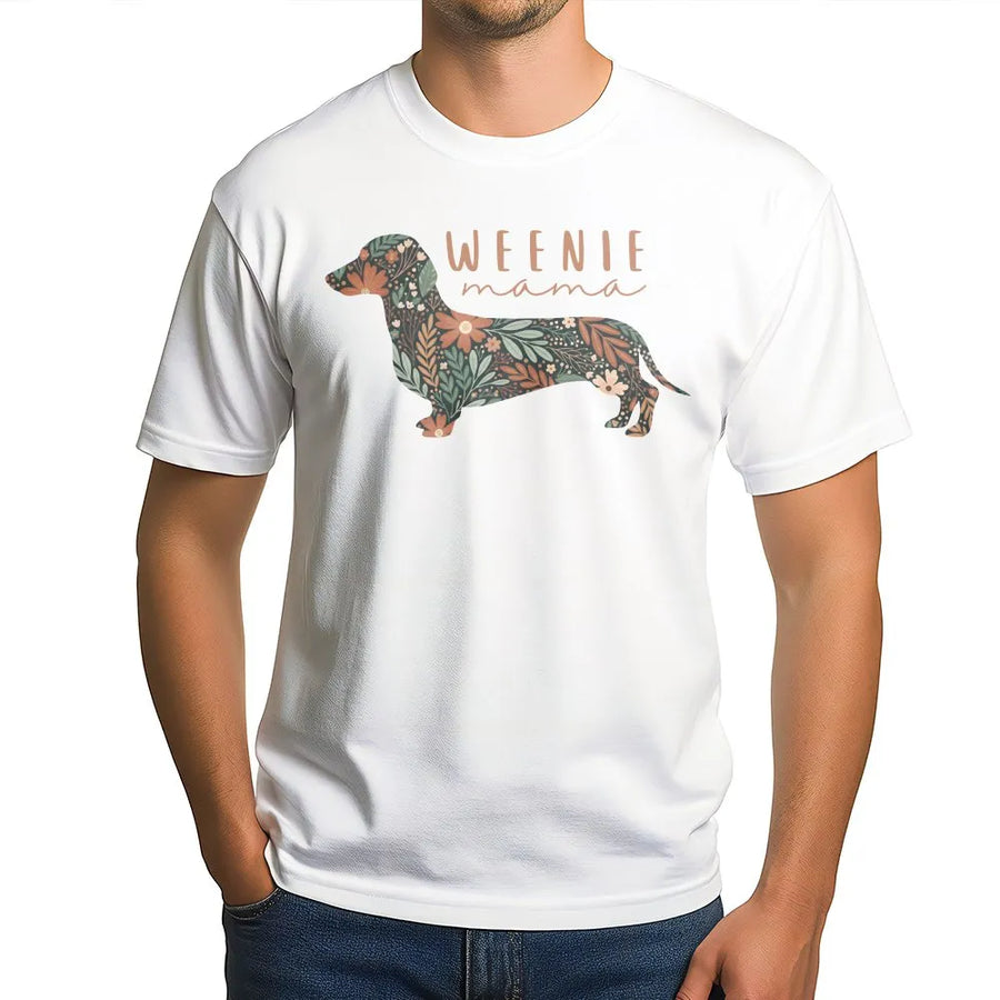Weenie Mama T-Shirt | Floral Dachshund Graphic Print | 100% Cotton Premium Tee | Dog Mom Gift for Dachshund Lovers