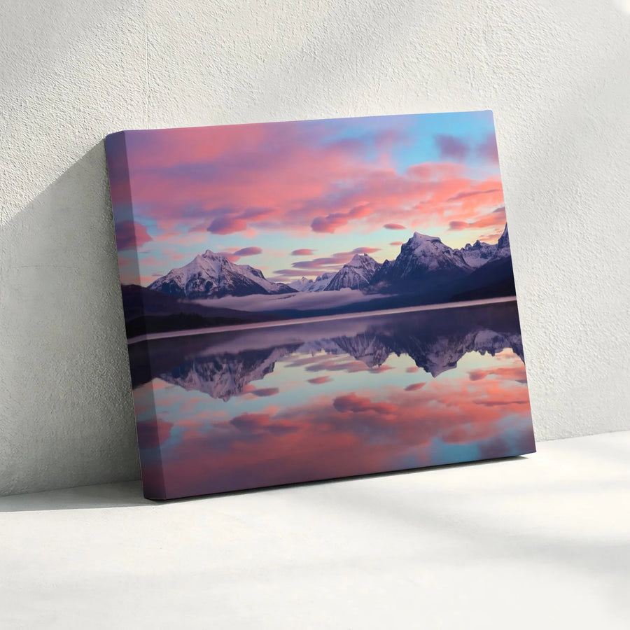 Mountain Lake Canvas Print | Serene Snow-Capped Peak Reflection at Sunset | Premium Gallery Quality Wall Art | Gift for Nature Lovers
