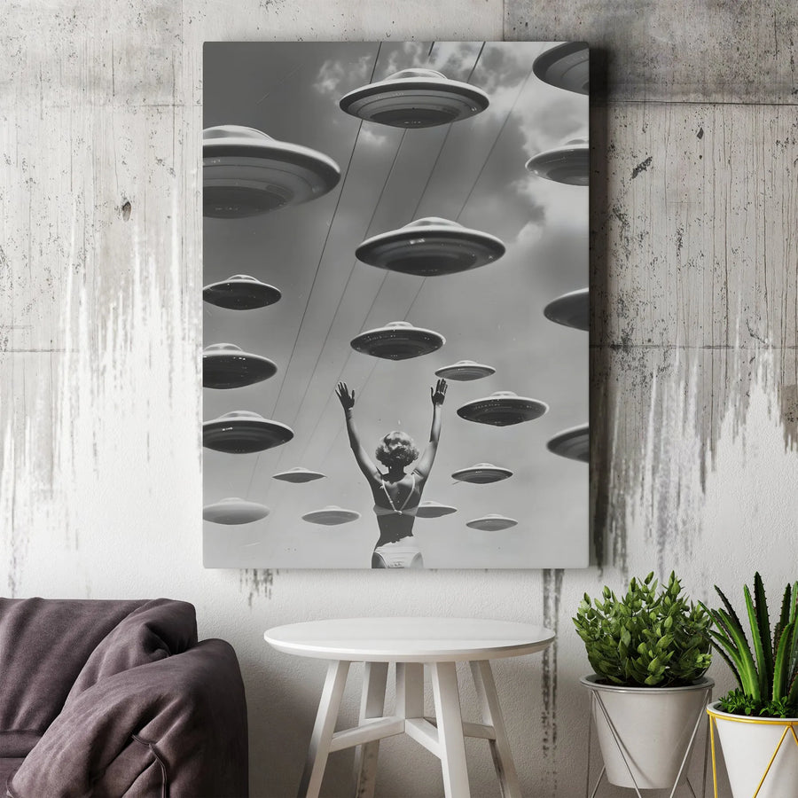 UFO Invasion Wall Art | Vintage Surreal Sci-Fi Canvas Print | Premium Gallery Wrapped Decor | Unique Gift for Alien Enthusiasts