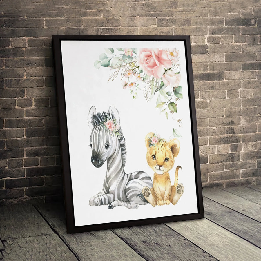 Baby Zebra and Lion Cub Wall Art | Watercolor Safari Animal Nursery Decor | Premium Gallery Wrap Canvas | Cute Baby Shower Gift for Kids Room