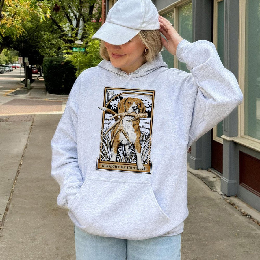 Beagle Shed Hunting Hoodie | Artistic Dog Deer Antler Illustration | Premium Cotton-Blend Sweatshirt | Outdoorsman Nature Lover Gift