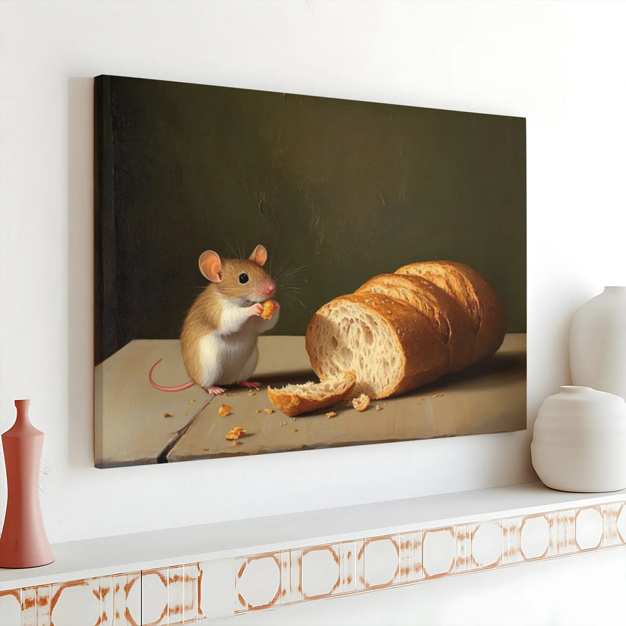 Vintage Mouse and Bread Canvas Print | Whimsical Animal Oil Painting Style | Premium Thick Gallery Wrap | Cottagecore Kitchen Decor Gift