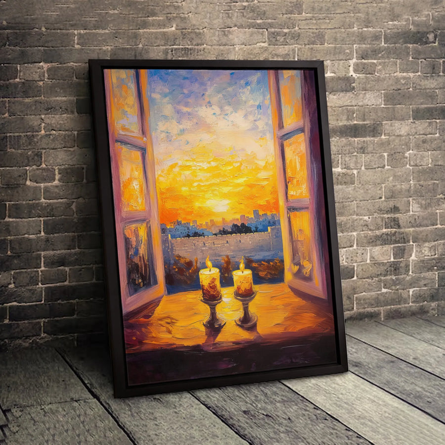 Jerusalem Shabbat Candles Canvas Wall Art | Golden Sunset Oil Painting Style | Premium 1.25" Gallery Wrap | Spiritual Jewish Home Decor Gift